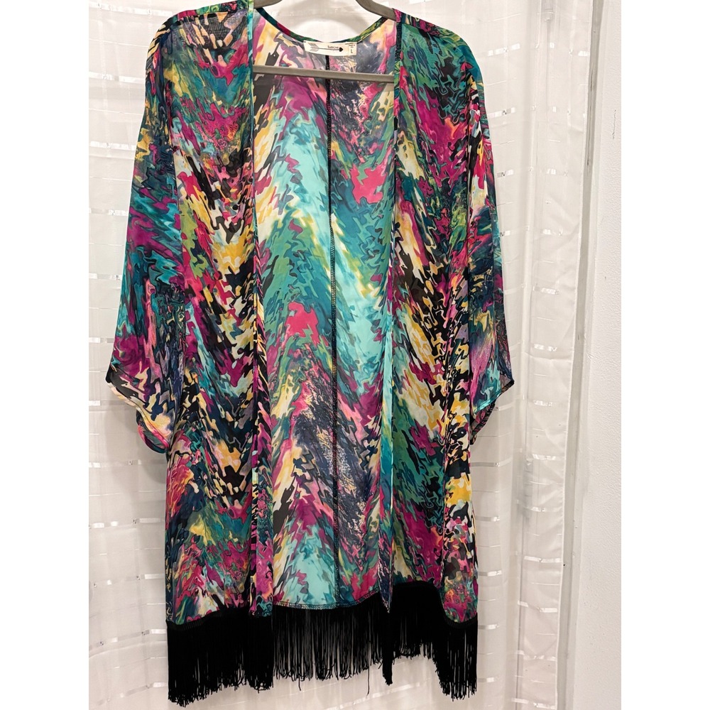 BuddyLove Multi Color Abstract Chevron Fringe Kimono Cardigan Large Made in USA